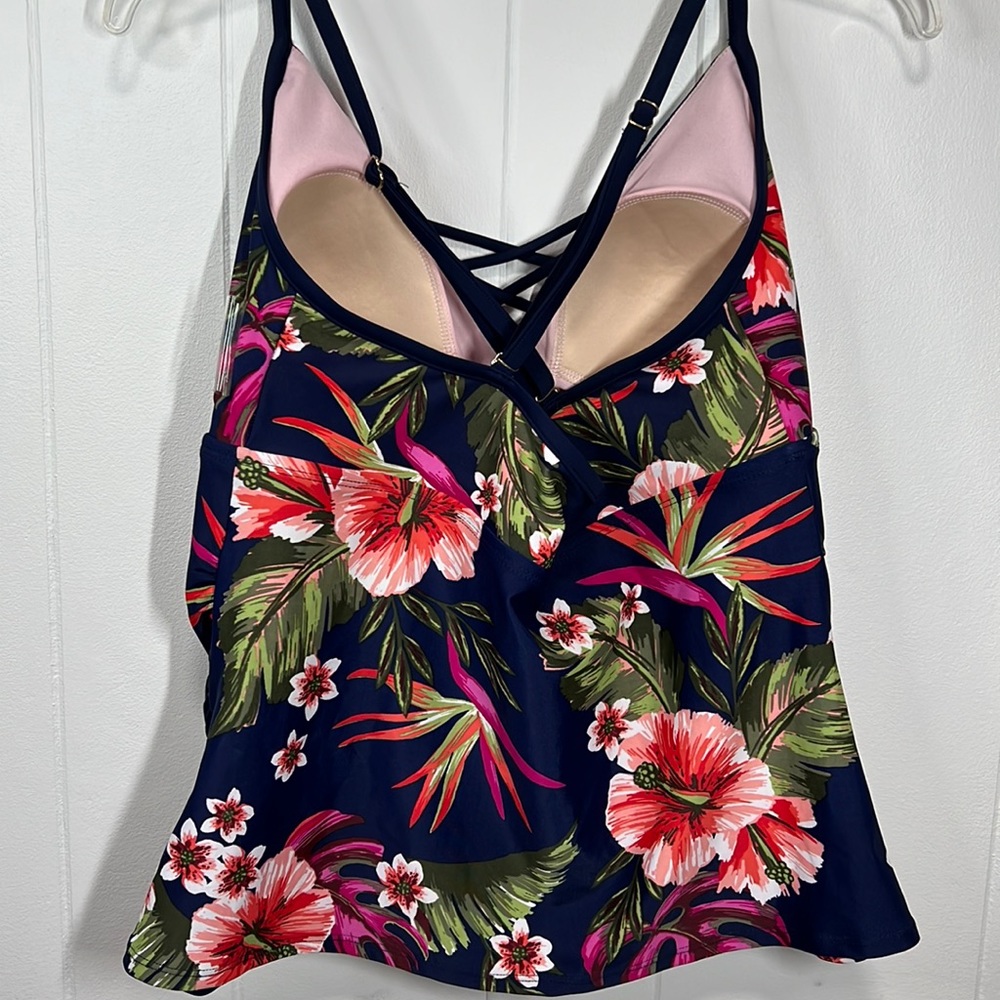 Kona Sol Navy Floral Crisscross Tankini Top - Picture 2 of 3